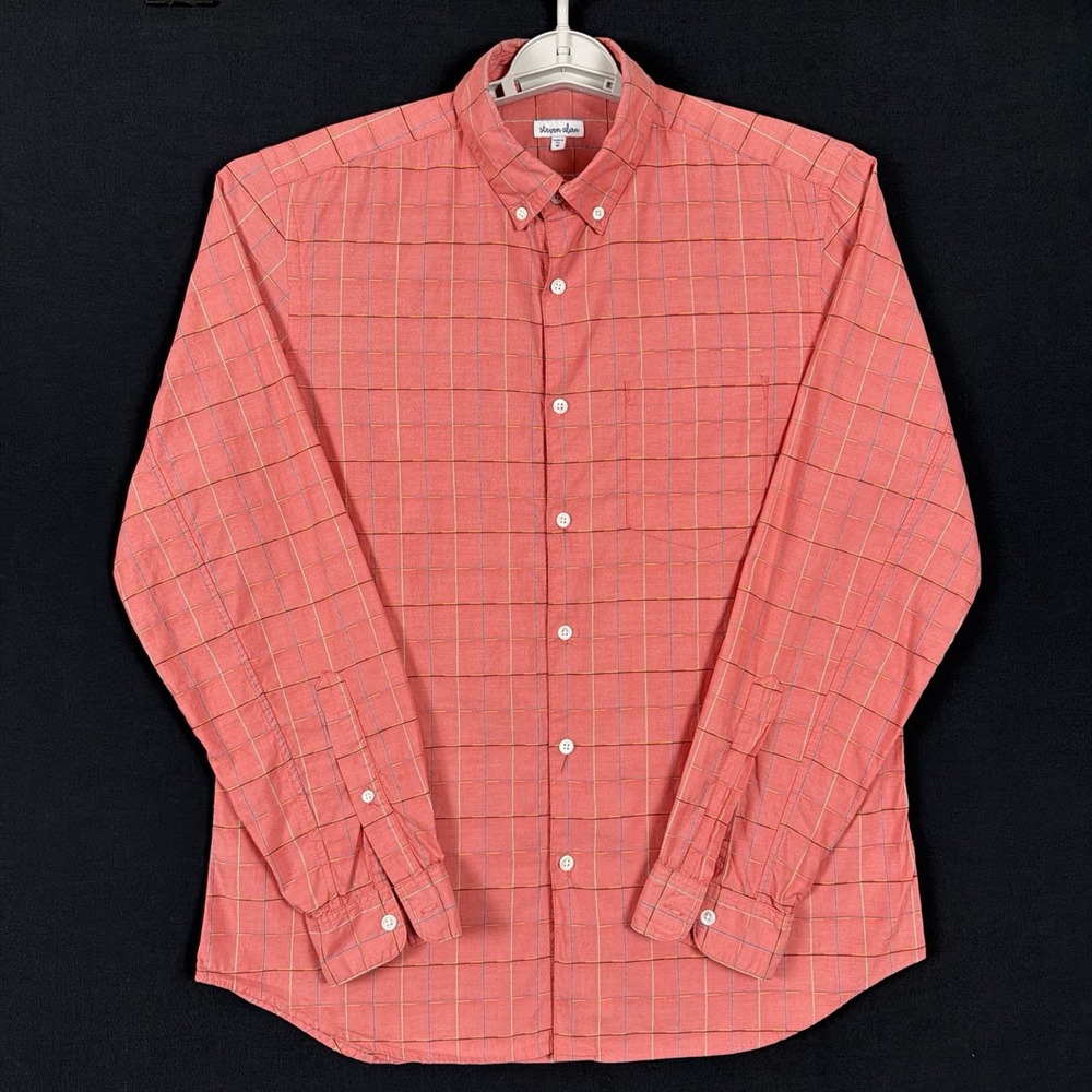 Steven Alan Windowpane Check Shirt Men M Orange USA Made Cotton Button Up Casual